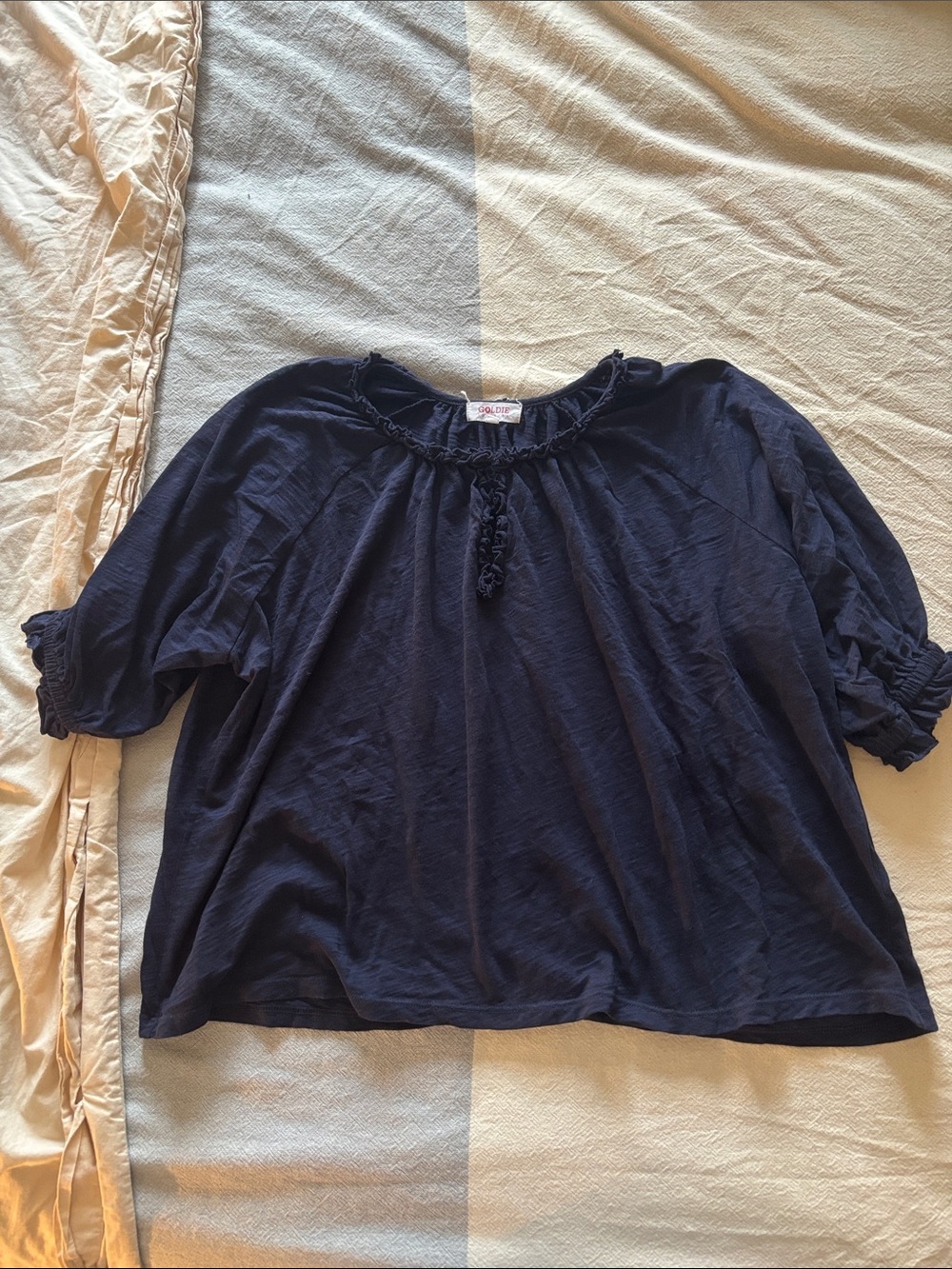 Goldie Lewinter Women’s Navy Peasant Top with Tie Neck